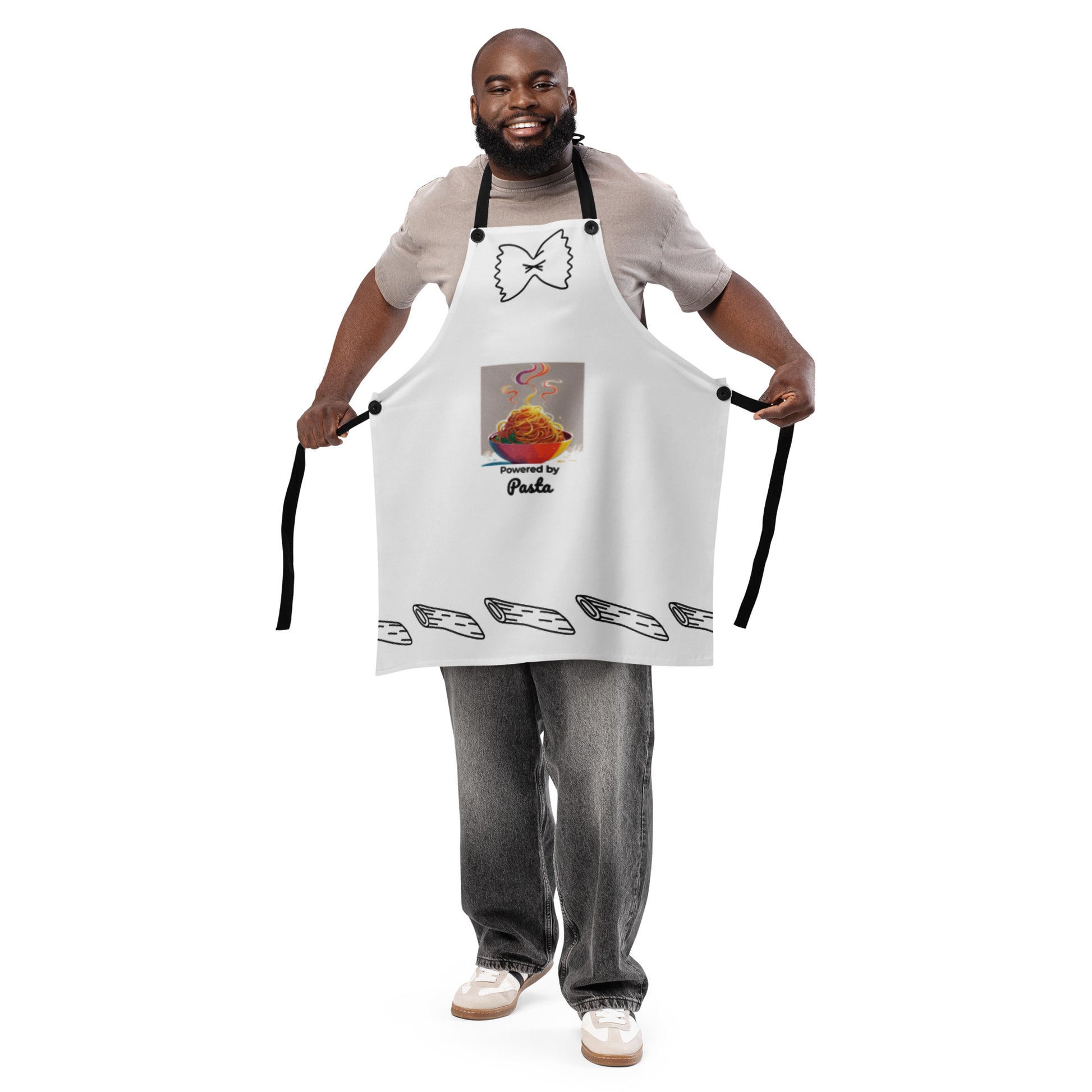 White apron with pasta bowl graphic and "Powered by Pasta" text worn by man with beard and casual outfit. - Ciao Cult - Default Title