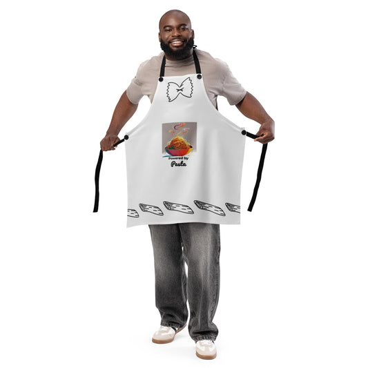 White apron with pasta bowl graphic and "Powered by Pasta" text worn by man with beard and casual outfit. - Ciao Cult - Default Title