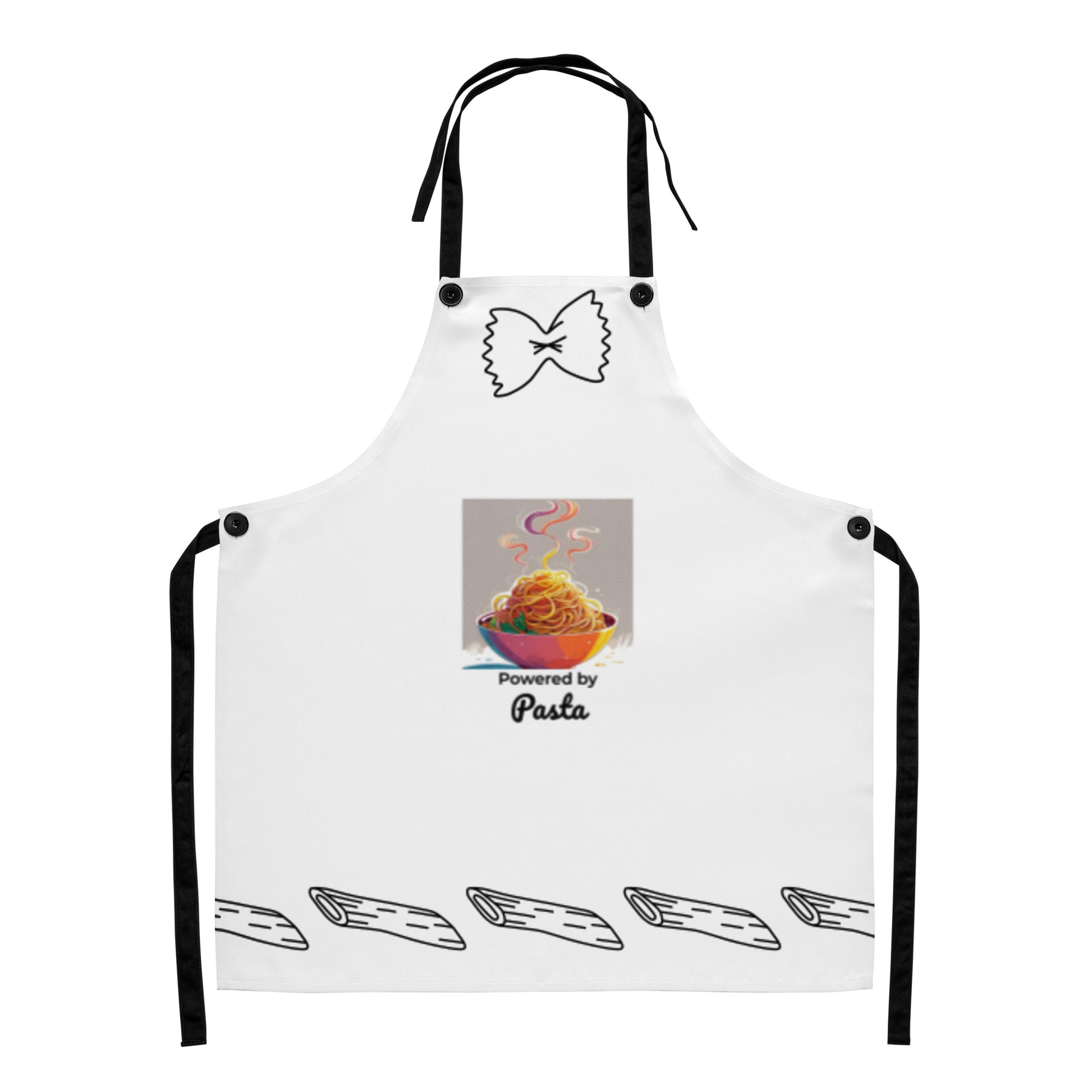 White apron with black bowtie graphic at top and pasta print with "Powered by Pasta" text in center, penne pasta. - Ciao Cult - Default Title