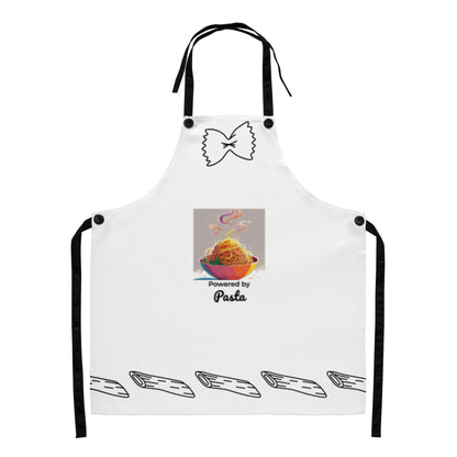 White apron with black bowtie graphic at top and pasta print with "Powered by Pasta" text in center, penne pasta. - Ciao Cult - Default Title
