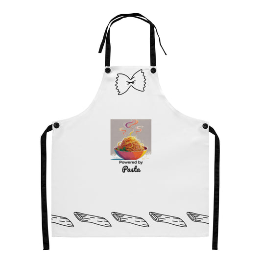 White apron with black bowtie graphic at top and pasta print with "Powered by Pasta" text in center, penne pasta. - Ciao Cult - Default Title