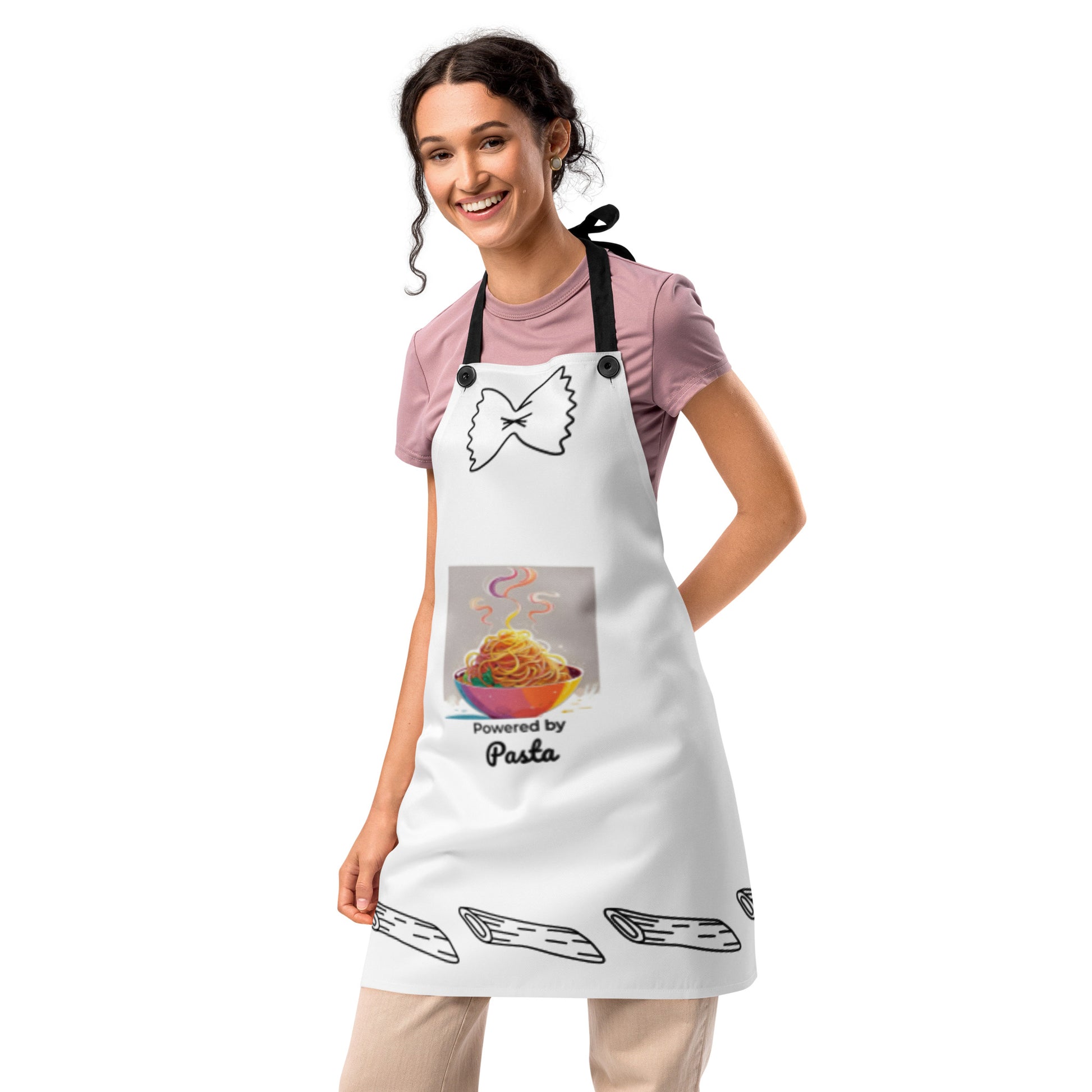 White apron with spaghetti and meatball graphic and "Powered by Pasta" text, worn with pink t-shirt. - Ciao Cult - Default Title