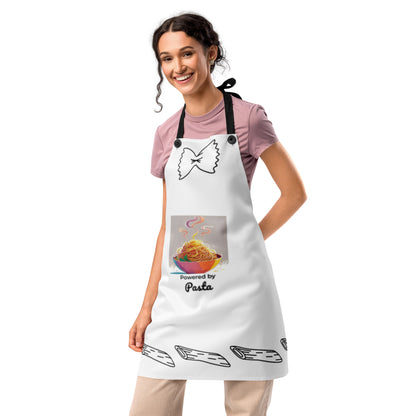 White apron with spaghetti and meatball graphic and "Powered by Pasta" text, worn with pink t-shirt. - Ciao Cult - Default Title