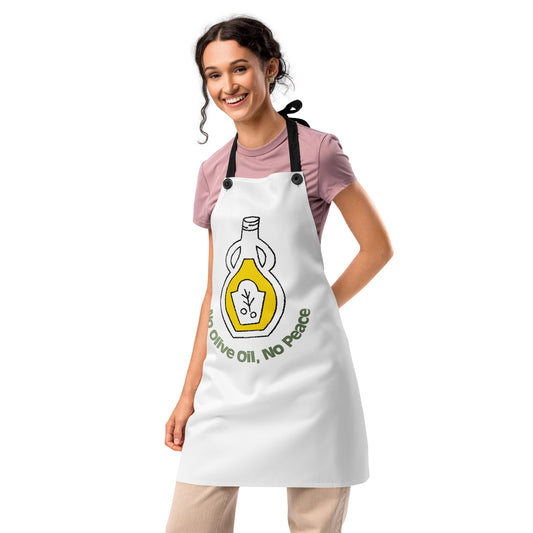 White unisex kitchen apron with yellow olive oil bottle and "No Olive Oil, No Peace" text design worn over casual outfit. - Ciao Cult - Default Title