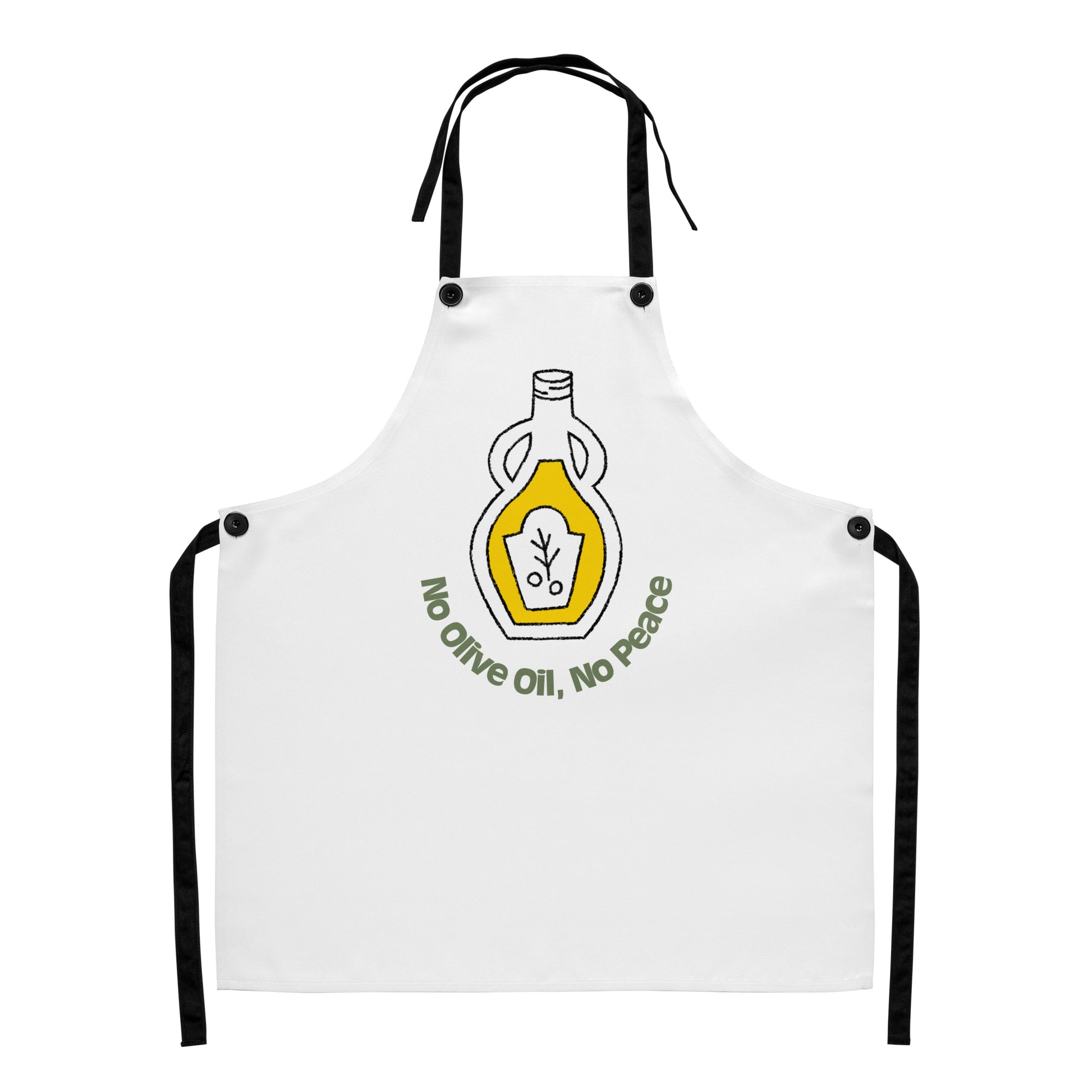 White apron with black neck and waist ties featuring a yellow olive oil bottle graphic and "No Olive Oil, No Peace" text. - Ciao Cult - Default Title