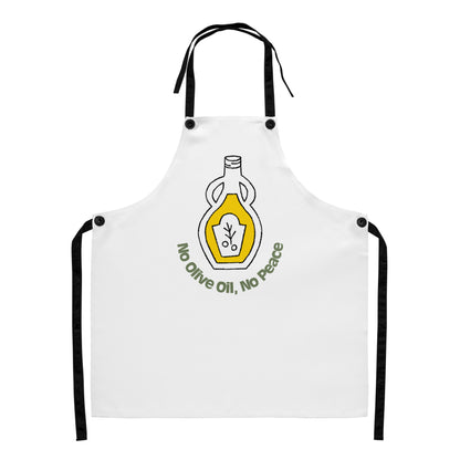 White apron with black neck and waist ties featuring a yellow olive oil bottle graphic and "No Olive Oil, No Peace" text. - Ciao Cult - Default Title