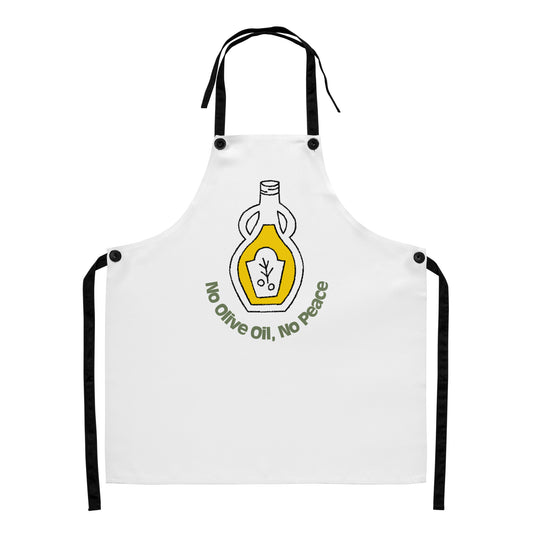 White apron with black neck and waist ties featuring a yellow olive oil bottle graphic and "No Olive Oil, No Peace" text. - Ciao Cult - Default Title