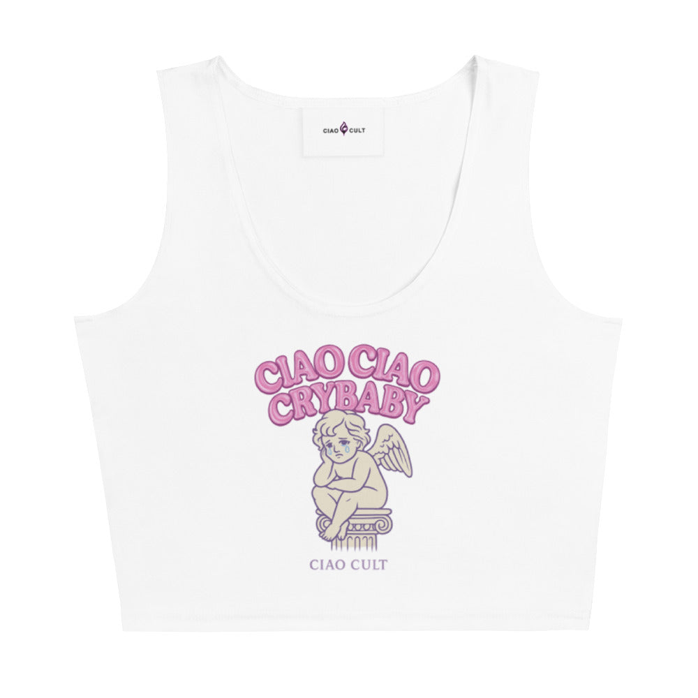 White cropped tank top with pink "Ciao Ciao Crybaby" text and beige cherub graphic on front. - Ciao Cult - XS