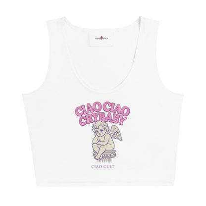 White cropped tank top with pink "Ciao Ciao Crybaby" text and beige cherub graphic on front. - Ciao Cult - XS