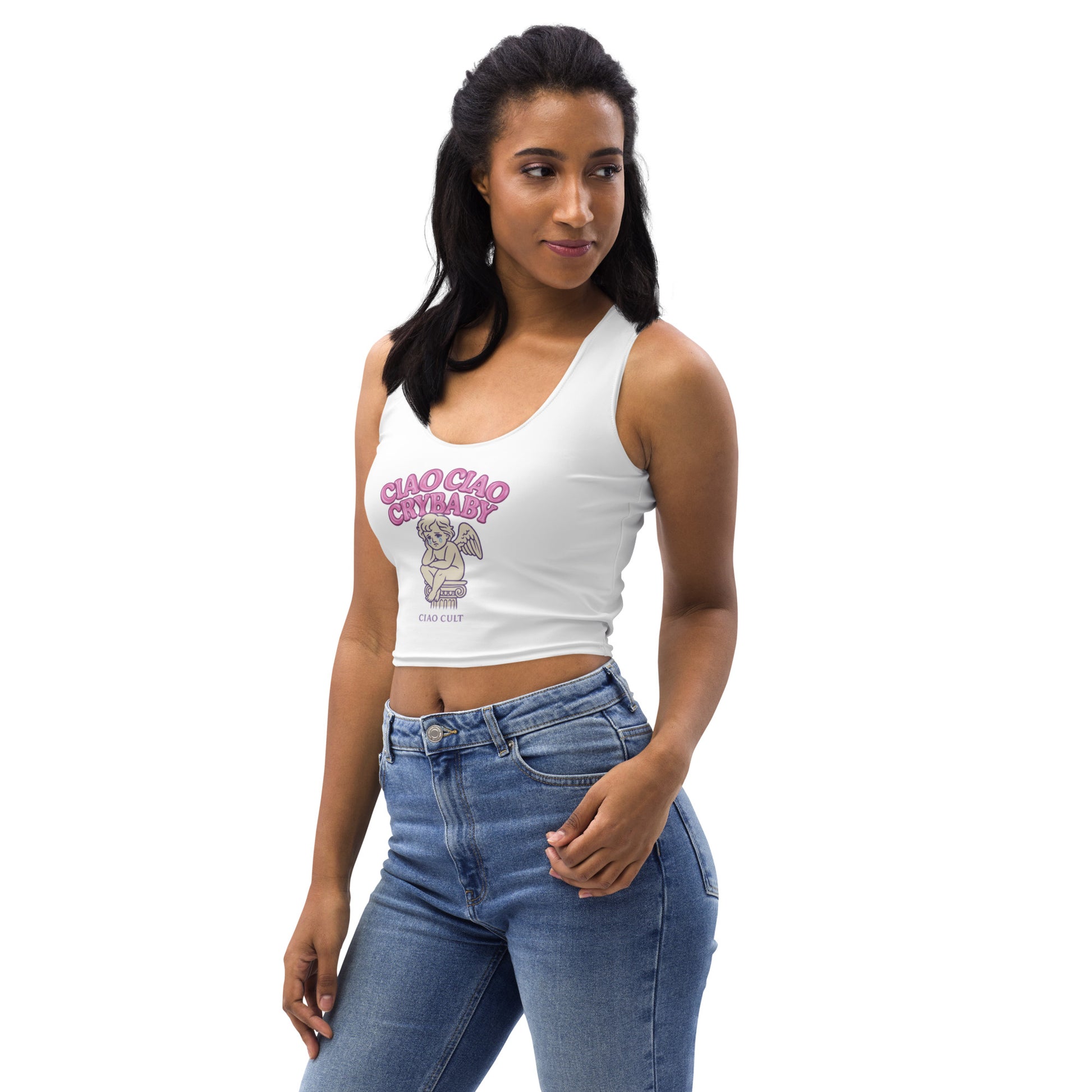 White body-hugging crop top with pink "Ciao Ciao Crybaby" graphic and spandex fabric. - Ciao Cult - XS