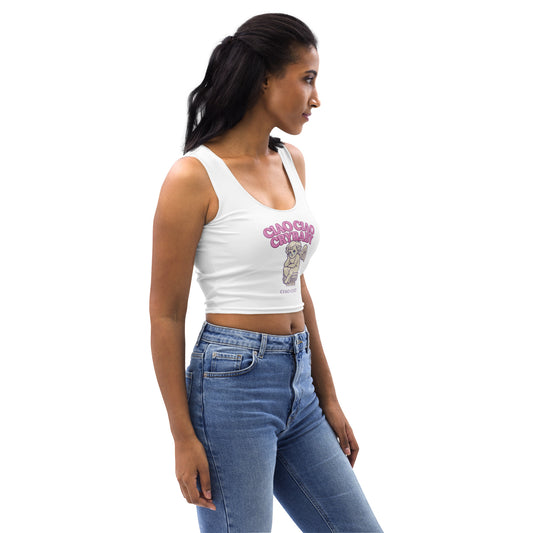 White body-hugging crop top with pink "Ciao Ciao Crybaby" text and teddy bear graphic, sleeveless design. - Ciao Cult - XS