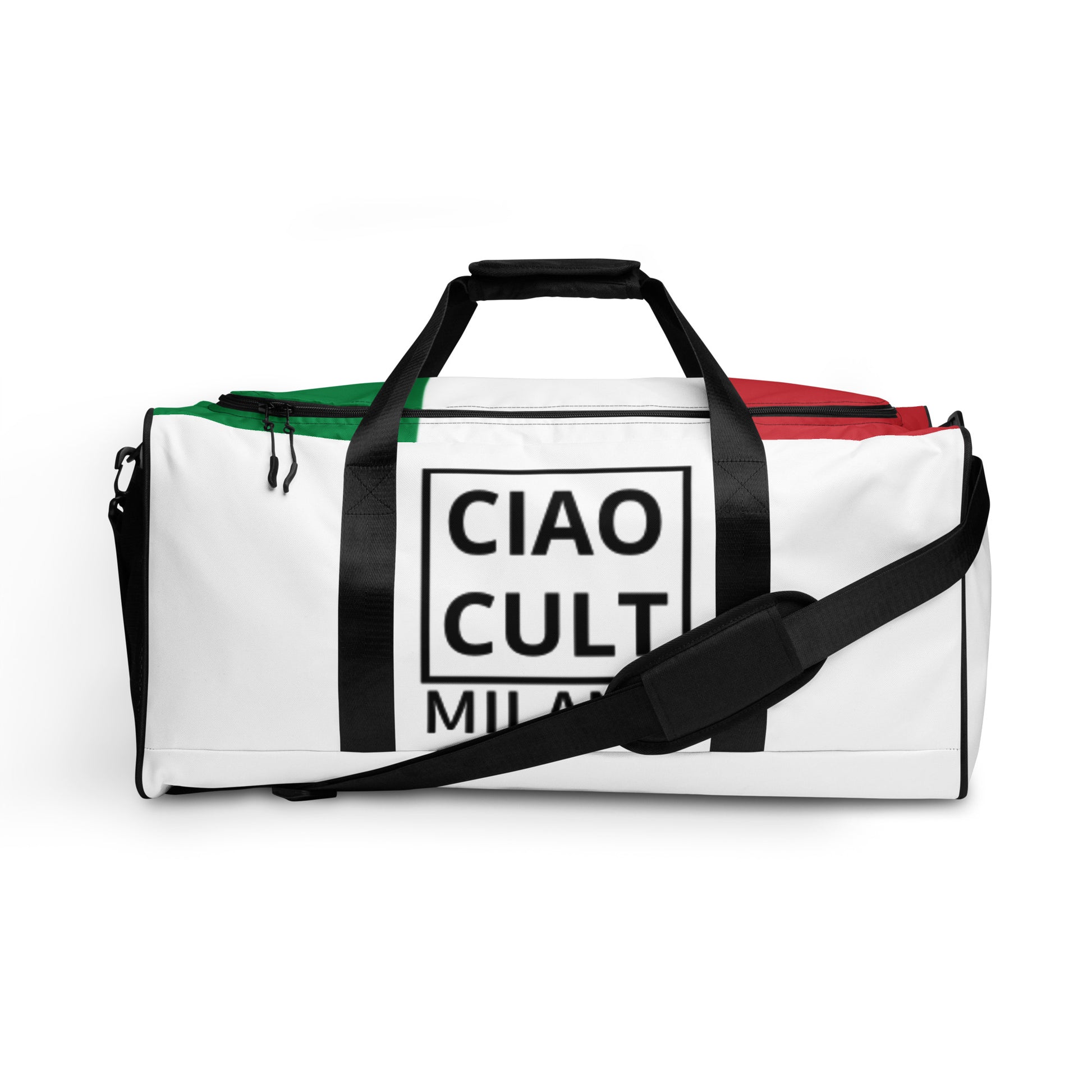 White duffle bag with black handles and shoulder strap, green and red accents, CIAO CULT MILANO logo front. - Ciao Cult - Default Title