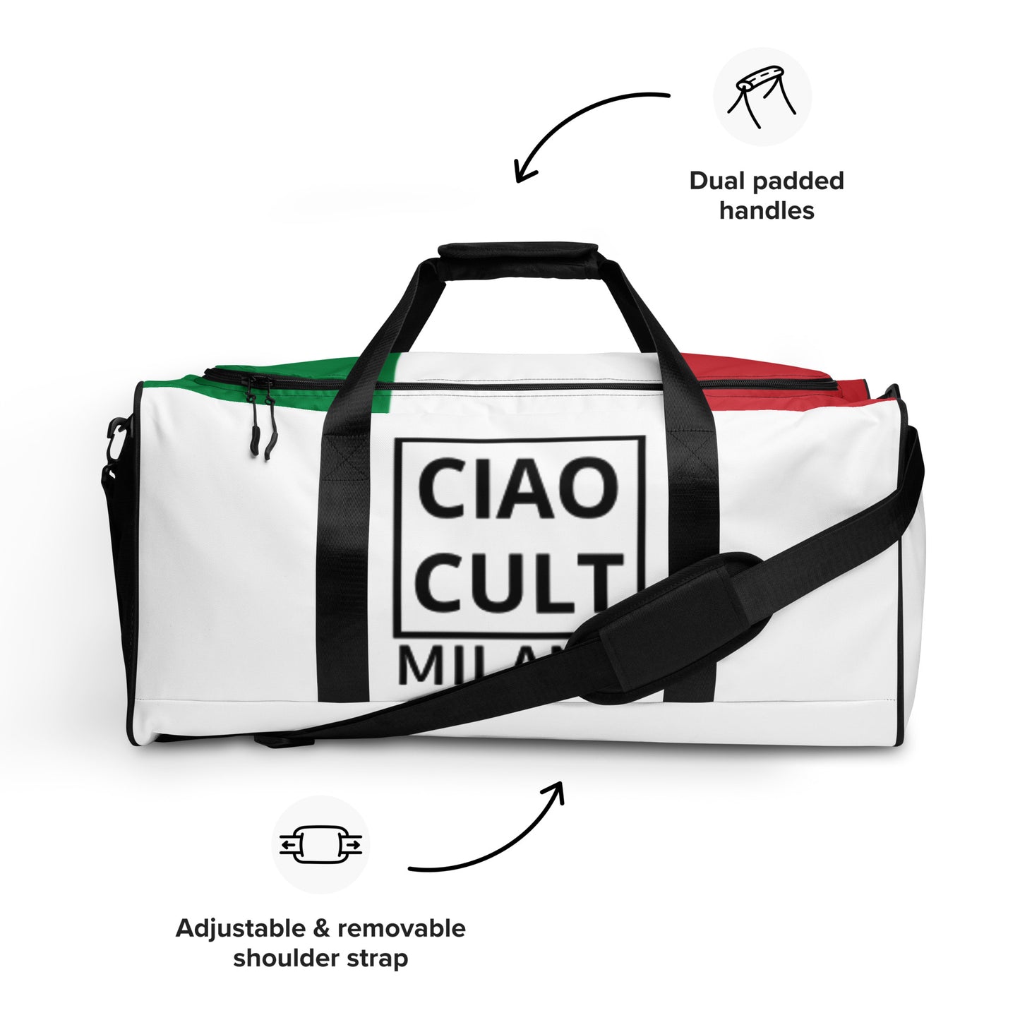 White CIAO CULT duffle bag with black straps, removable shoulder strap, and Italian flag detail on top. - Ciao Cult - Default Title