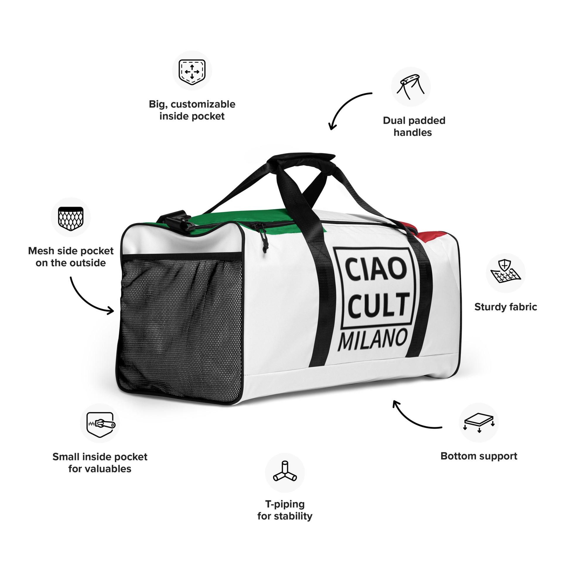 White and black CIAO CULT Milano duffle bag with green strap, dual padded handles, and mesh side pocket. - Ciao Cult - Default Title