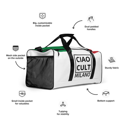White and black CIAO CULT Milano duffle bag with green strap, dual padded handles, and mesh side pocket. - Ciao Cult - Default Title