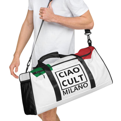 White and black CIAO CULT Milano duffle bag with red and green accents, worn over shoulder. - Ciao Cult - Default Title