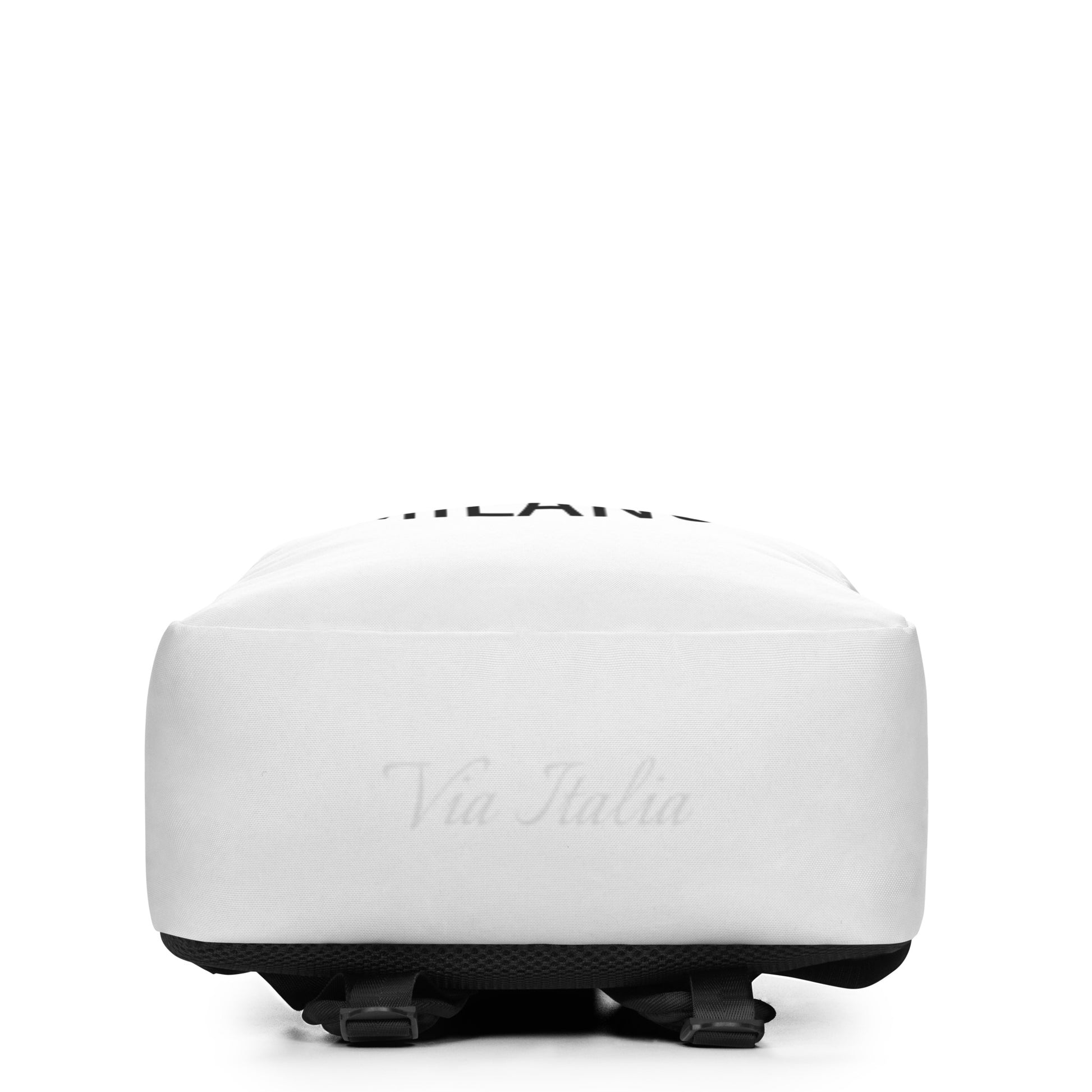 White minimalist backpack with subtle "Via Italia" text on bottom front and black base. - Ciao Cult - Default Title