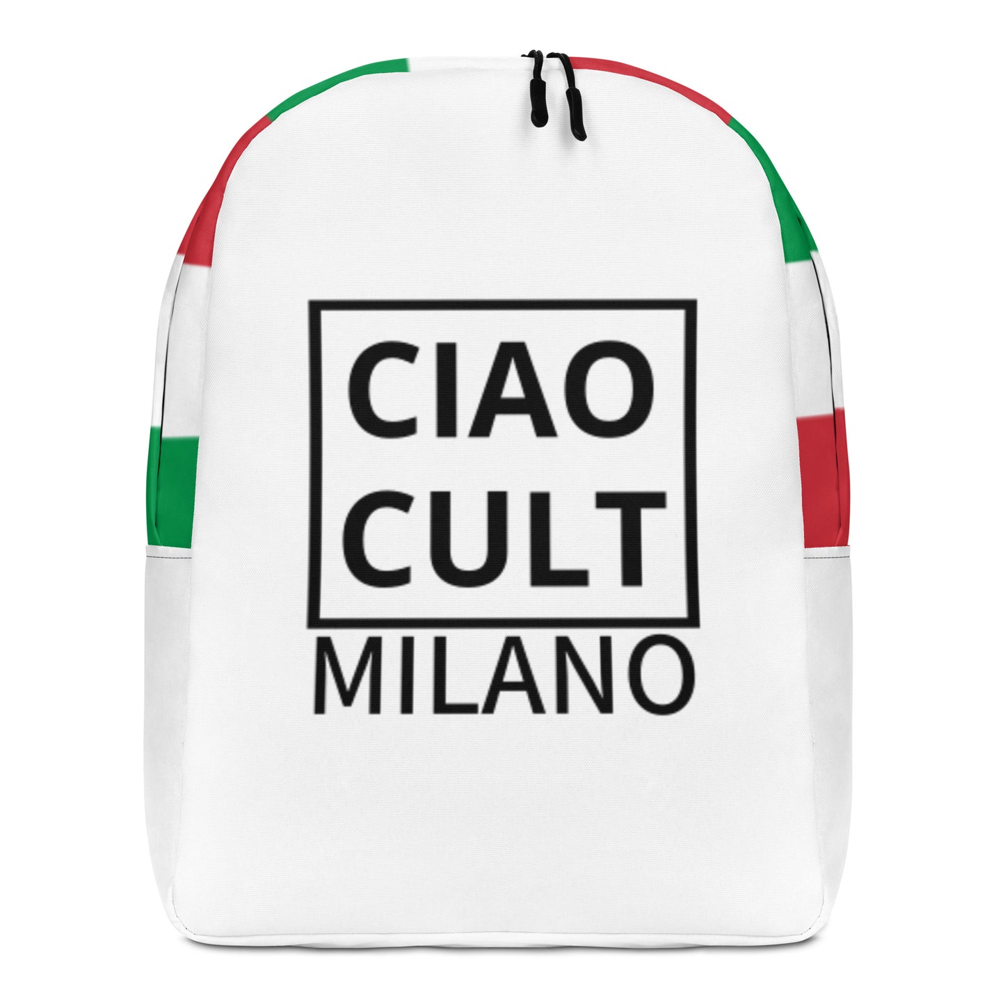 White minimalist backpack with bold black CIAO CULT MILANO logo and green and red accent panels. - Ciao Cult - Default Title