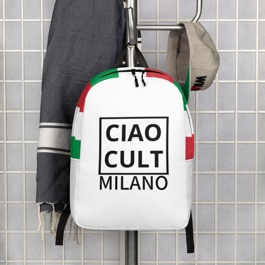 White CIAO CULT MILANO backpack with black logo print and green and red accents, hanging on a grid wall. - Ciao Cult - Default Title