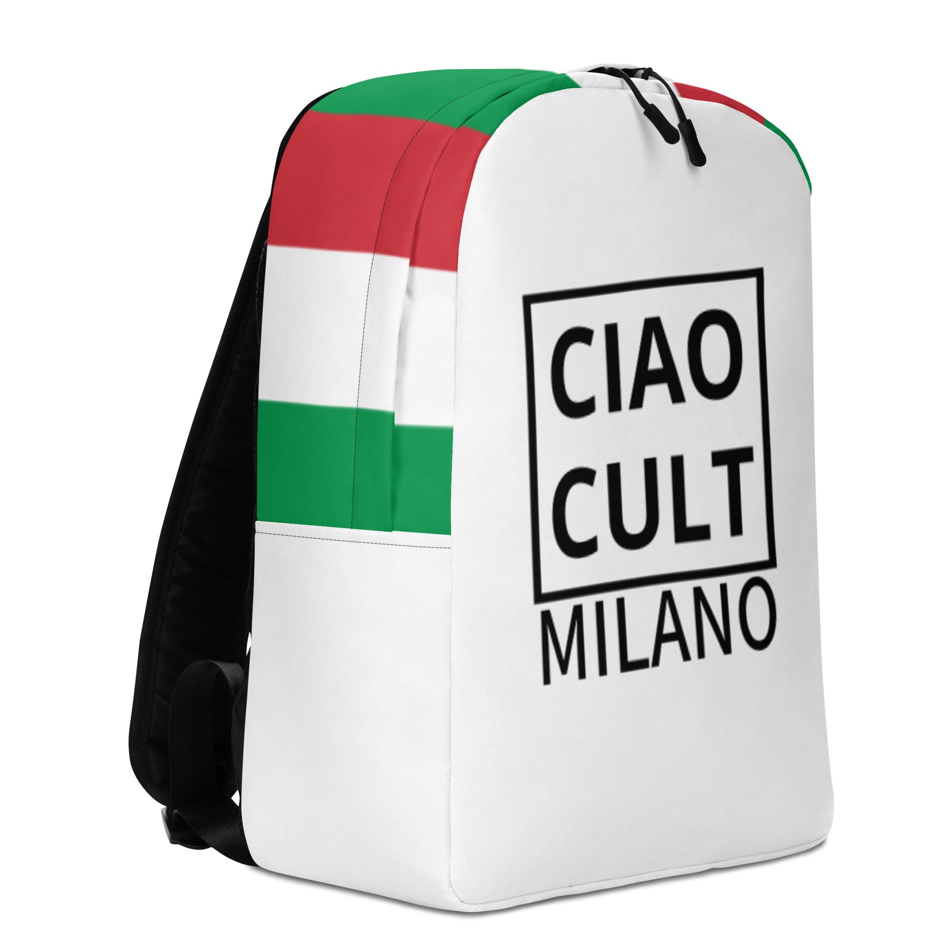 White backpack with green and red stripes and black "CIAO CULT MILANO" logo on front. - Ciao Cult - Default Title