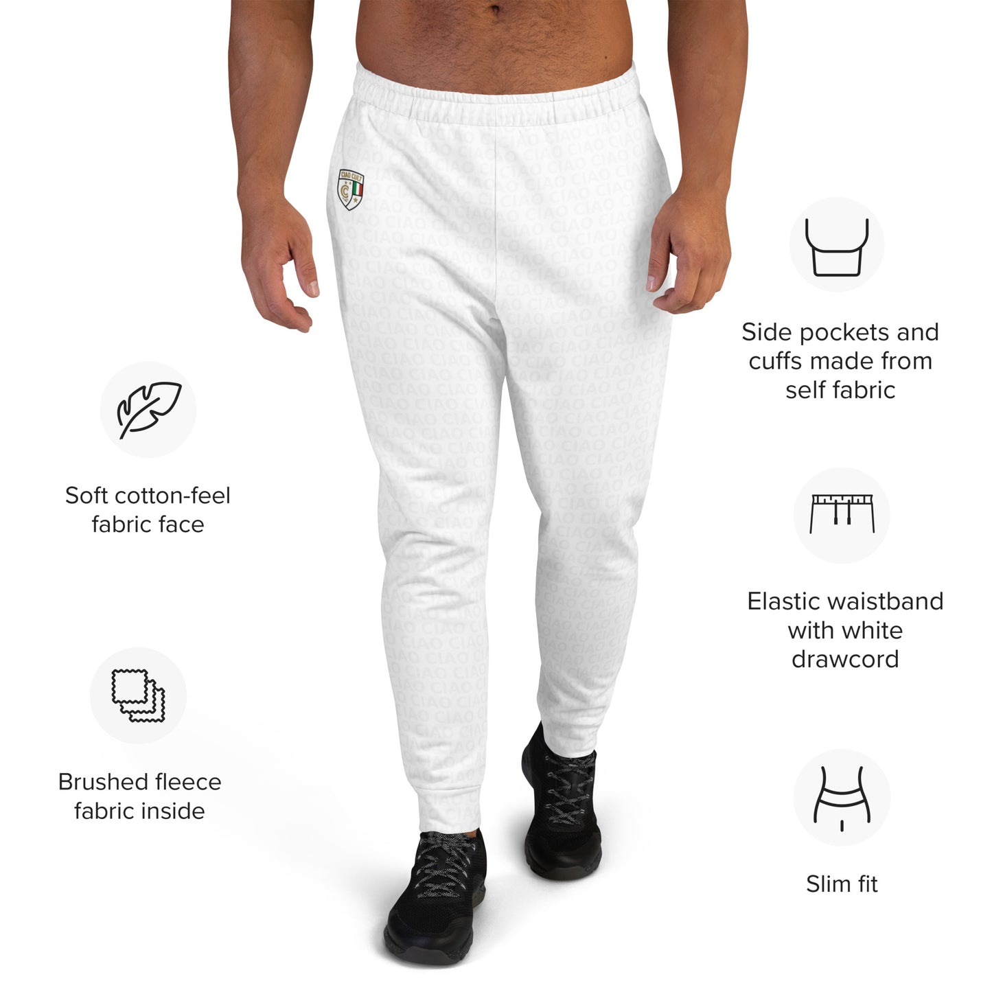 White slim fit joggers with elastic waistband, white drawcord, side pockets, and cuffed ankles. - Ciao Cult - XS