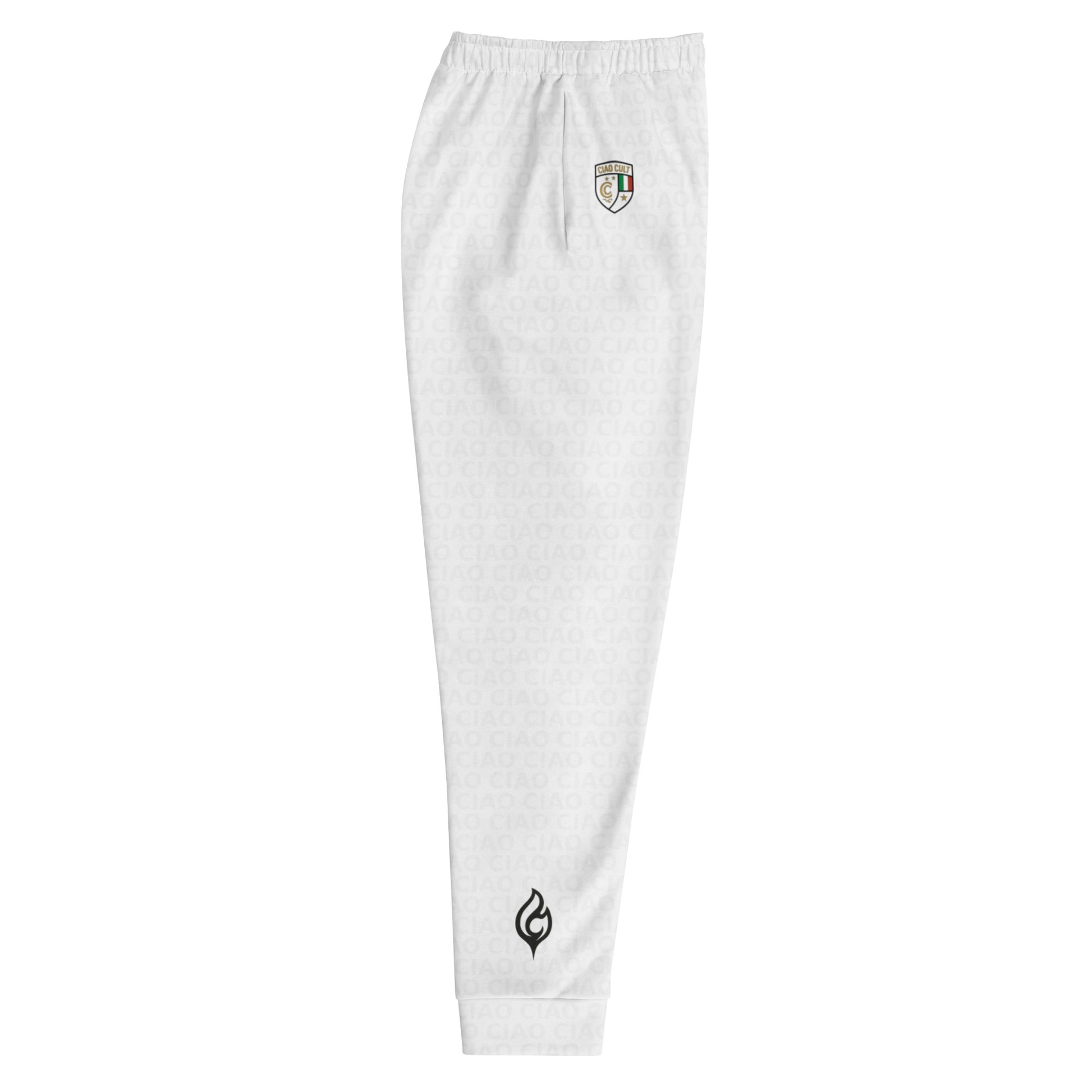 White slim-fit joggers with elastic waistband, Italian crest patch on thigh, and black logo near ankle. - Ciao Cult - XS