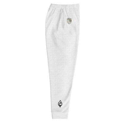 White slim-fit joggers with elastic waistband, Italian crest patch on thigh, and black logo near ankle. - Ciao Cult - XS