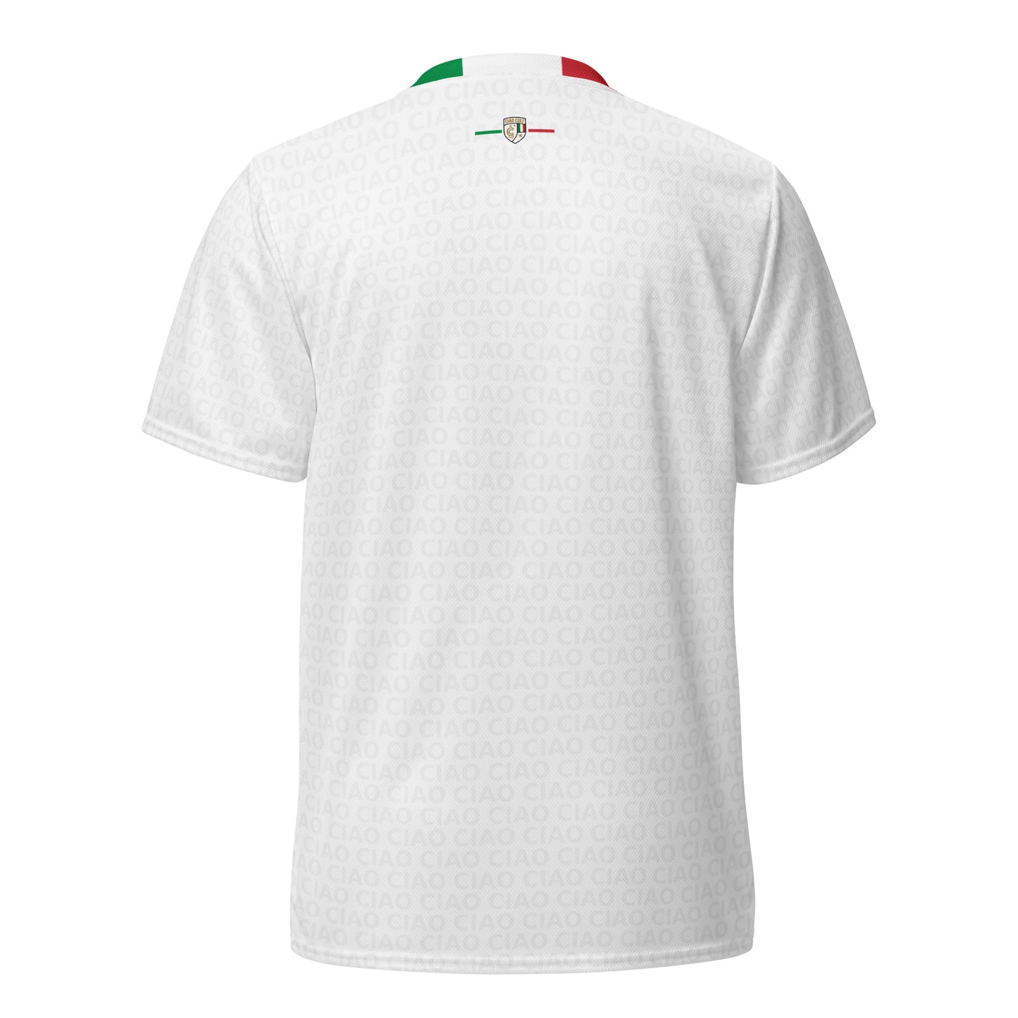 White soccer jersey with subtle textured fabric, short sleeves, and an Italian flag detail on the back collar. - Ciao Cult - 2XS
