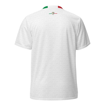White soccer jersey with subtle textured fabric, short sleeves, and an Italian flag detail on the back collar. - Ciao Cult - 2XS