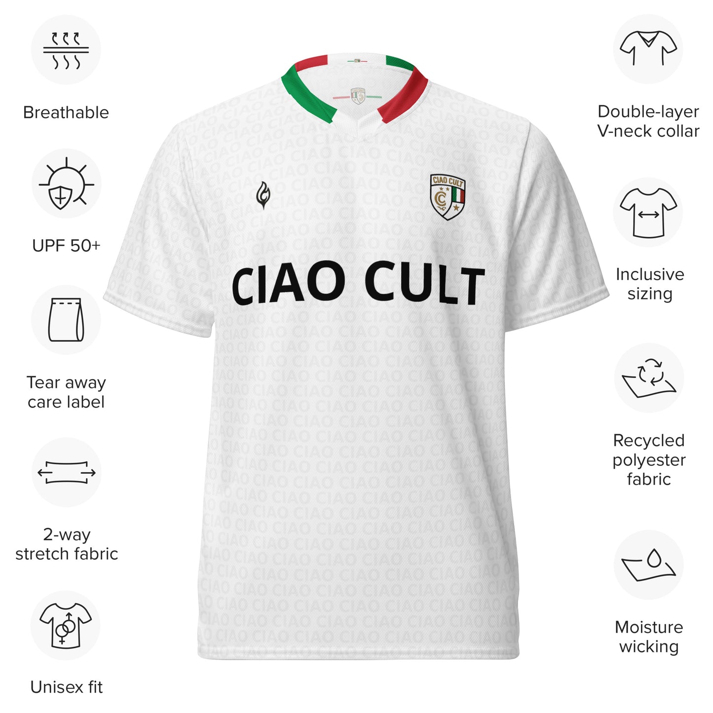 White Ciao Cult Calcio jersey with green and red V-neck collar, black logo and crest on chest. - Ciao Cult - 2XS
