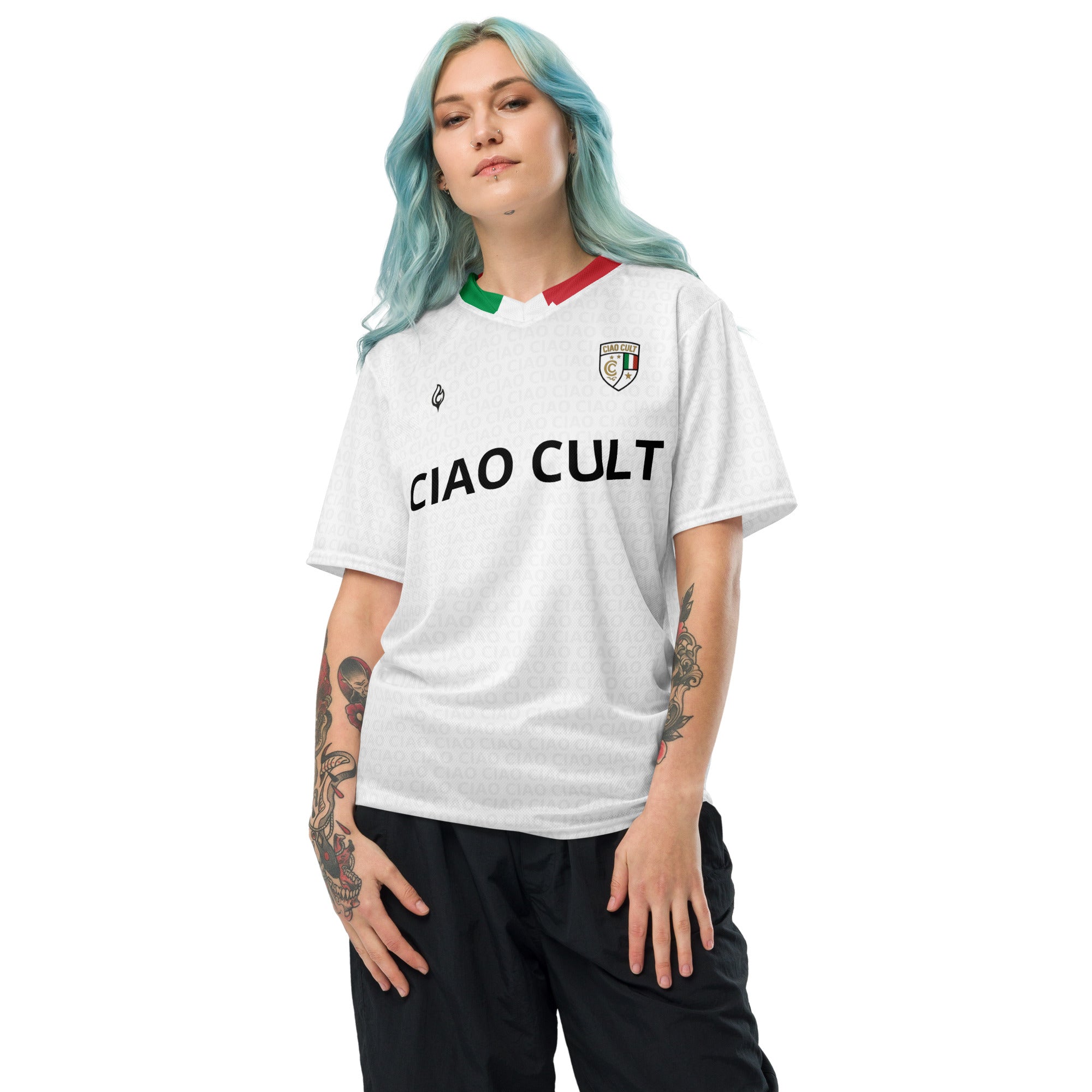 White Ciao Cult Calcio soccer jersey with green and red collar and black logo and text on front. - Ciao Cult - 2XS
