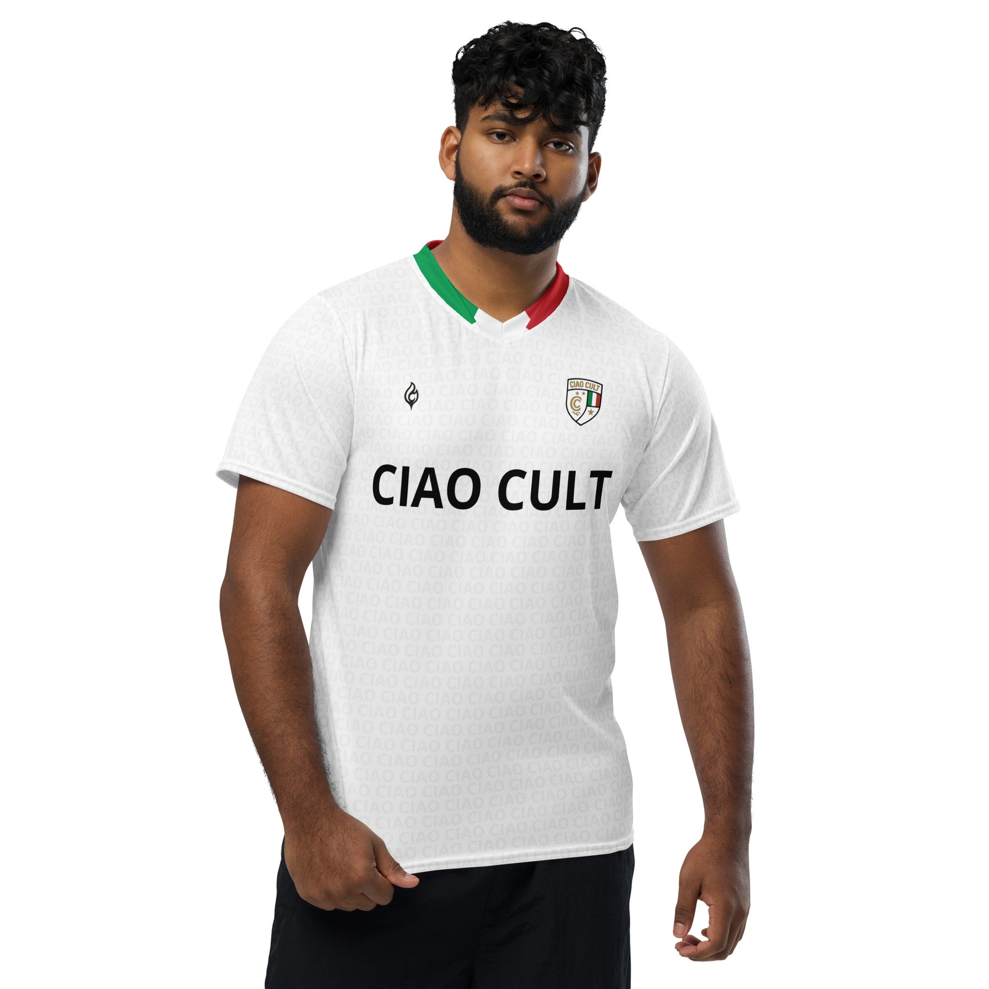 White soccer jersey with red and green collar accents, black "CIAO CULT" text, and Italian crest on chest. - Ciao Cult - 2XS