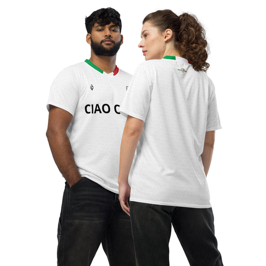 White calcio jersey with green and red collar accents, black "CIAO CULT" text, short sleeves, lightweight fabric. - Ciao Cult - 2XS