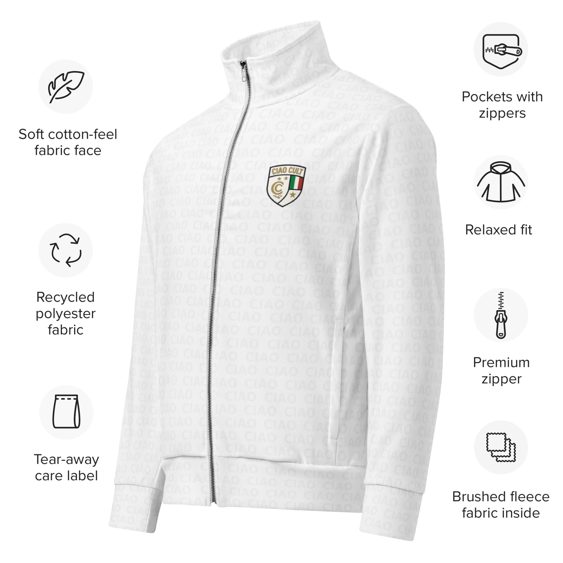 Light gray zip-up track jacket with high collar, embroidered crest logo, and ribbed cuffs. - Ciao Cult - 2XS