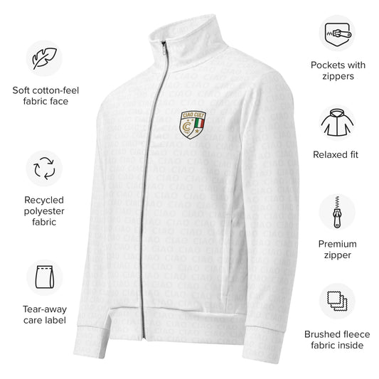 Light gray zip-up track jacket with high collar, embroidered crest logo, and ribbed cuffs. - Ciao Cult - 2XS