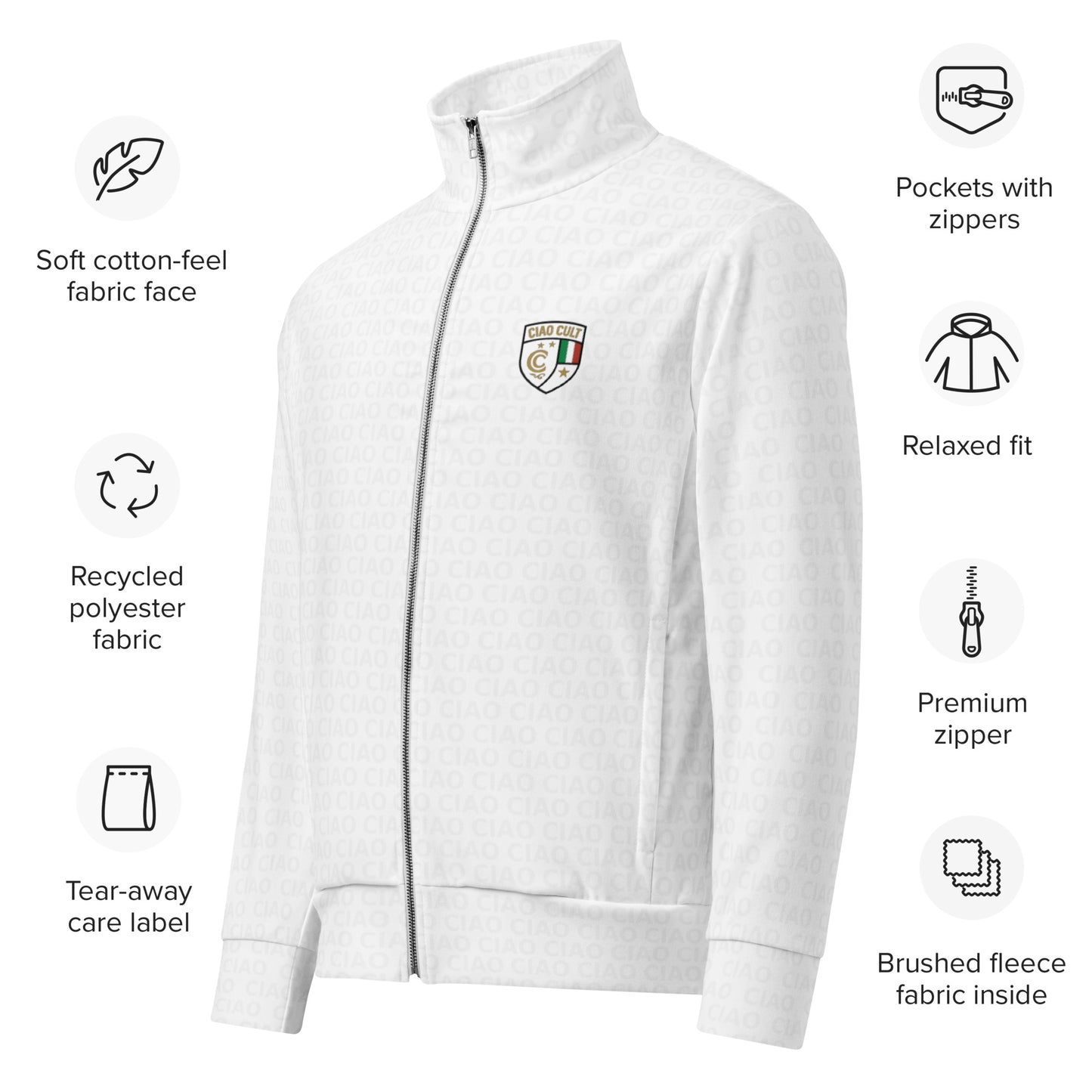 White zip-up track jacket with high collar, Italian crest logo on chest, and ribbed cuffs. - Ciao Cult - 2XS
