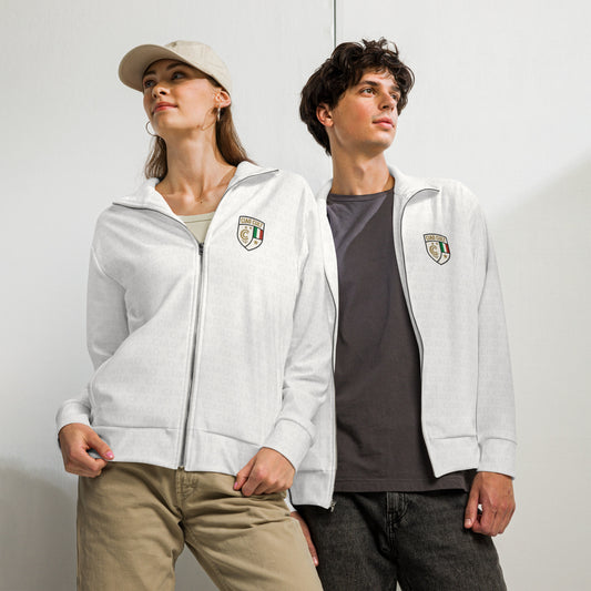 White zip-up track jackets with small crest logo on chest, worn with casual caps and neutral pants. - Ciao Cult - 2XS