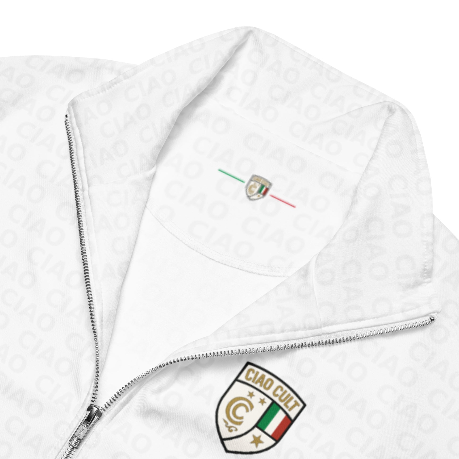 White zip-up track jacket with Ciao Cult crest logo and Italian flag detail on chest. - Ciao Cult - 2XS