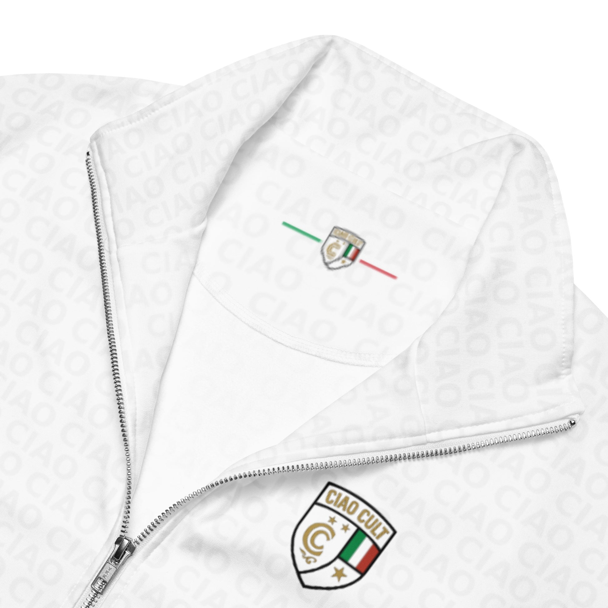 White zip-up track jacket with subtle all-over ciao cult logo pattern and small crest emblem on chest. - Ciao Cult - 2XS
