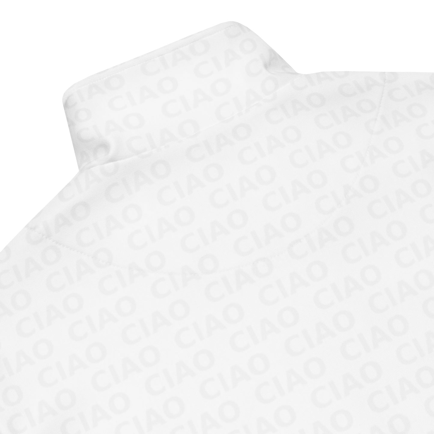 White zip-up track jacket with high collar and subtle tonal logo pattern throughout. - Ciao Cult - 2XS