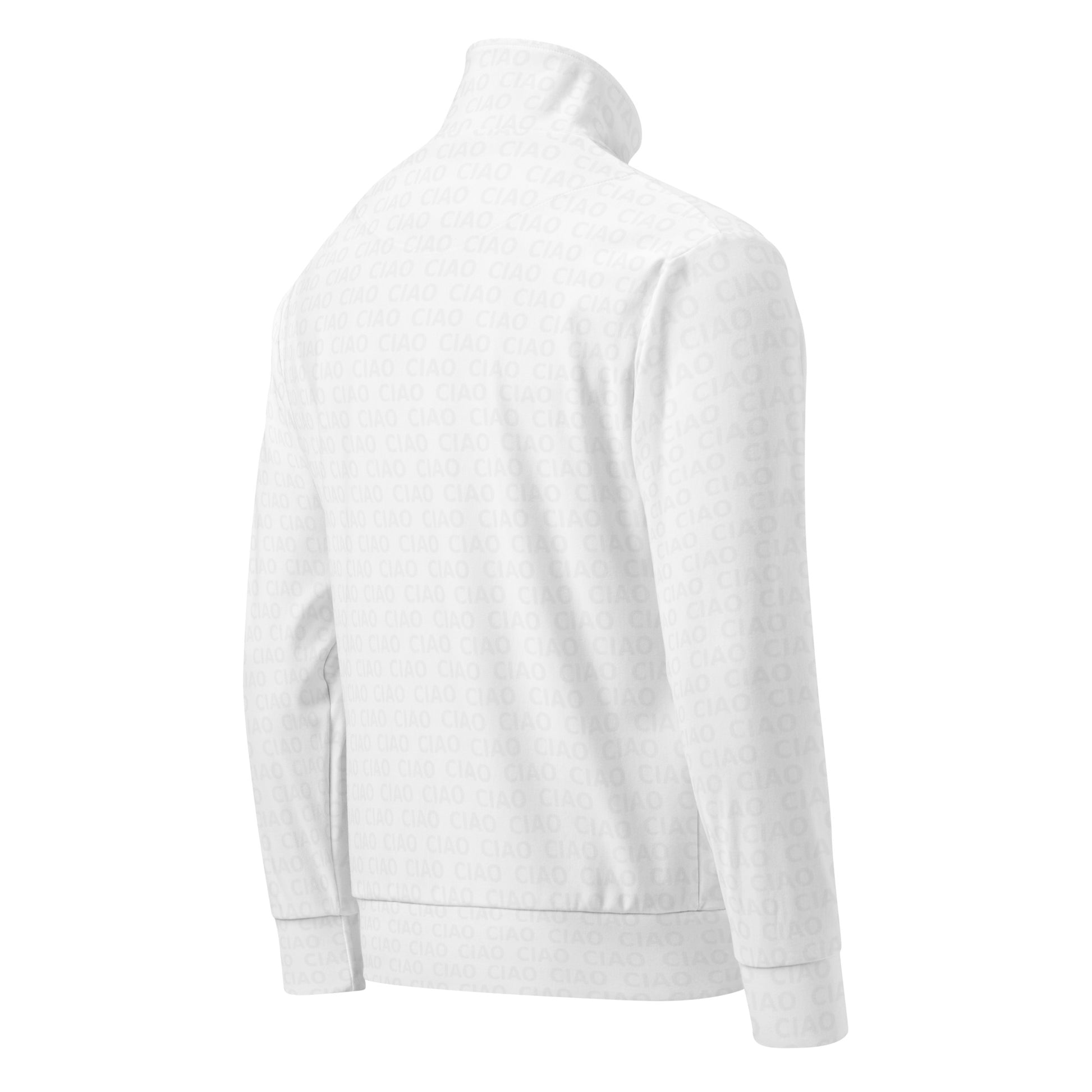 White zip-up track jacket with high collar and ribbed cuffs and hem, viewed from back and side angle. - Ciao Cult - 2XS
