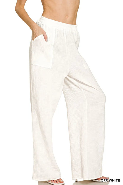 Zenana Double Gauze Elastic Band Pants in OFF WHITE (Size S)