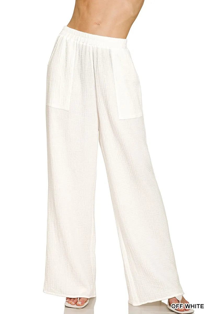 Zenana Double Gauze Elastic Band Pants in OFF WHITE (Size M)