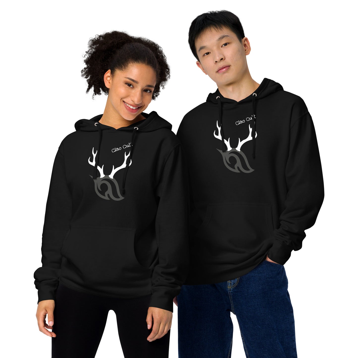 Male and female models posing together in Ciao Cult Antler Holiday Hoodie black edition with flame and antler design.