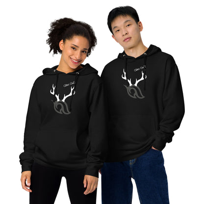 Male and female models posing together in Ciao Cult Antler Holiday Hoodie black edition with flame and antler design.