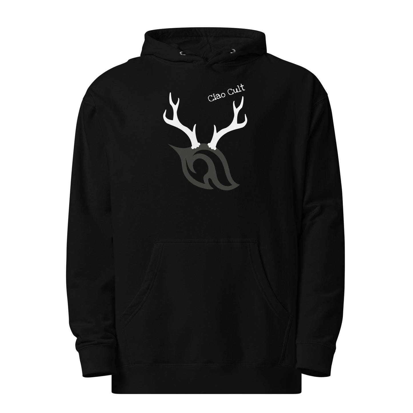 Product-only front view of Ciao Cult Antler Holiday Hoodie in black with antler flame design and Ciao Cult logo above.