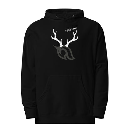 Product-only front view of Ciao Cult Antler Holiday Hoodie in black with antler flame design and Ciao Cult logo above.
