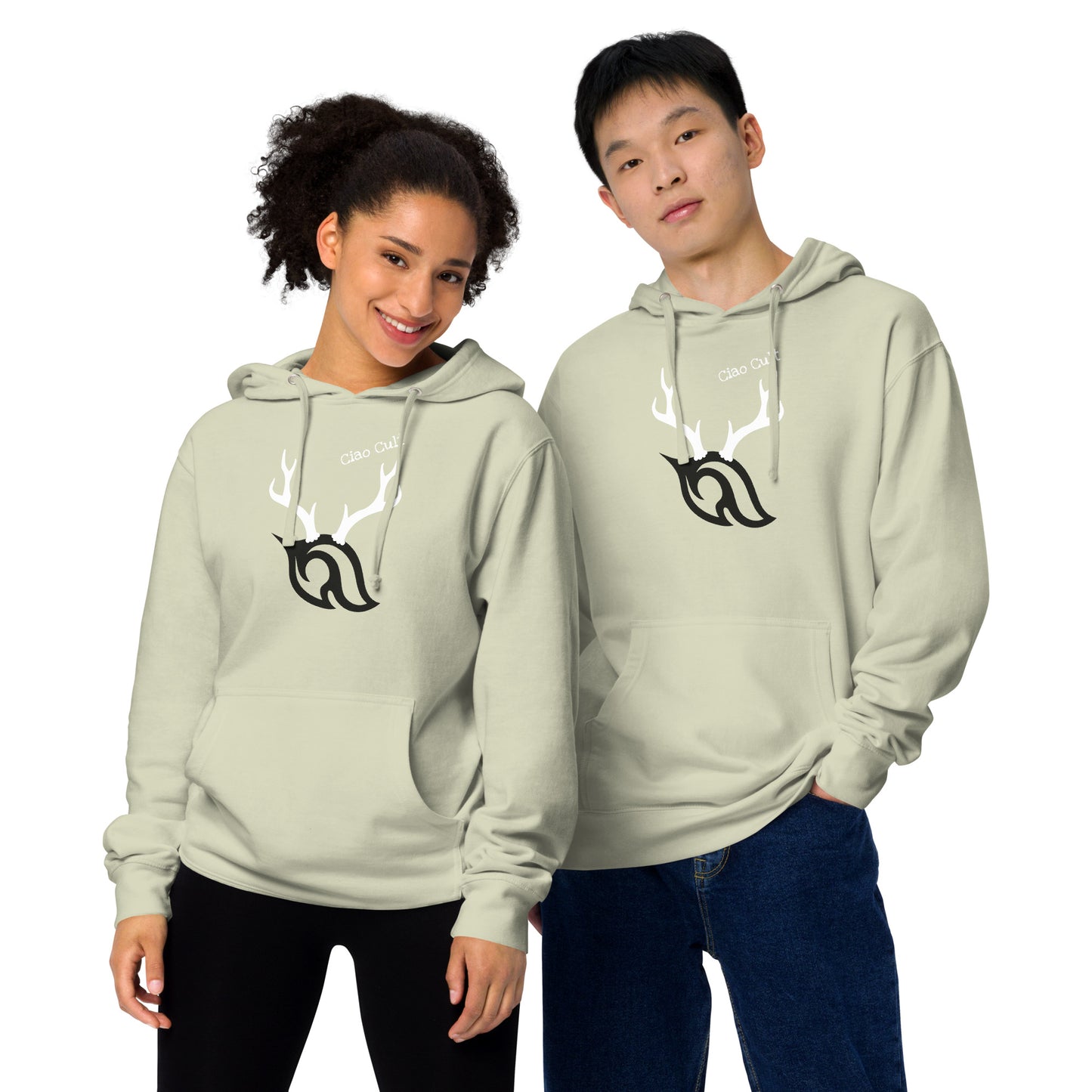 Male and female models posing together wearing Ciao Cult Antler Holiday Hoodie in dusty sage green with flame and antler logo.