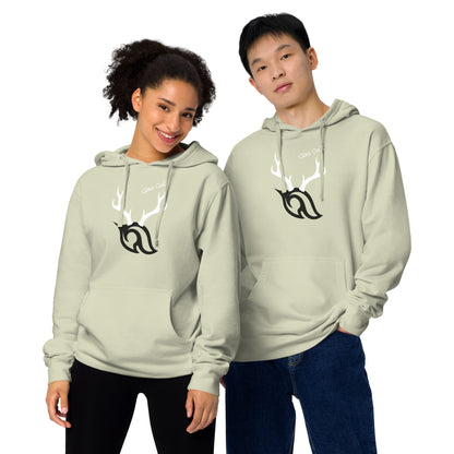 Male and female models posing together wearing Ciao Cult Antler Holiday Hoodie in dusty sage green with flame and antler logo.