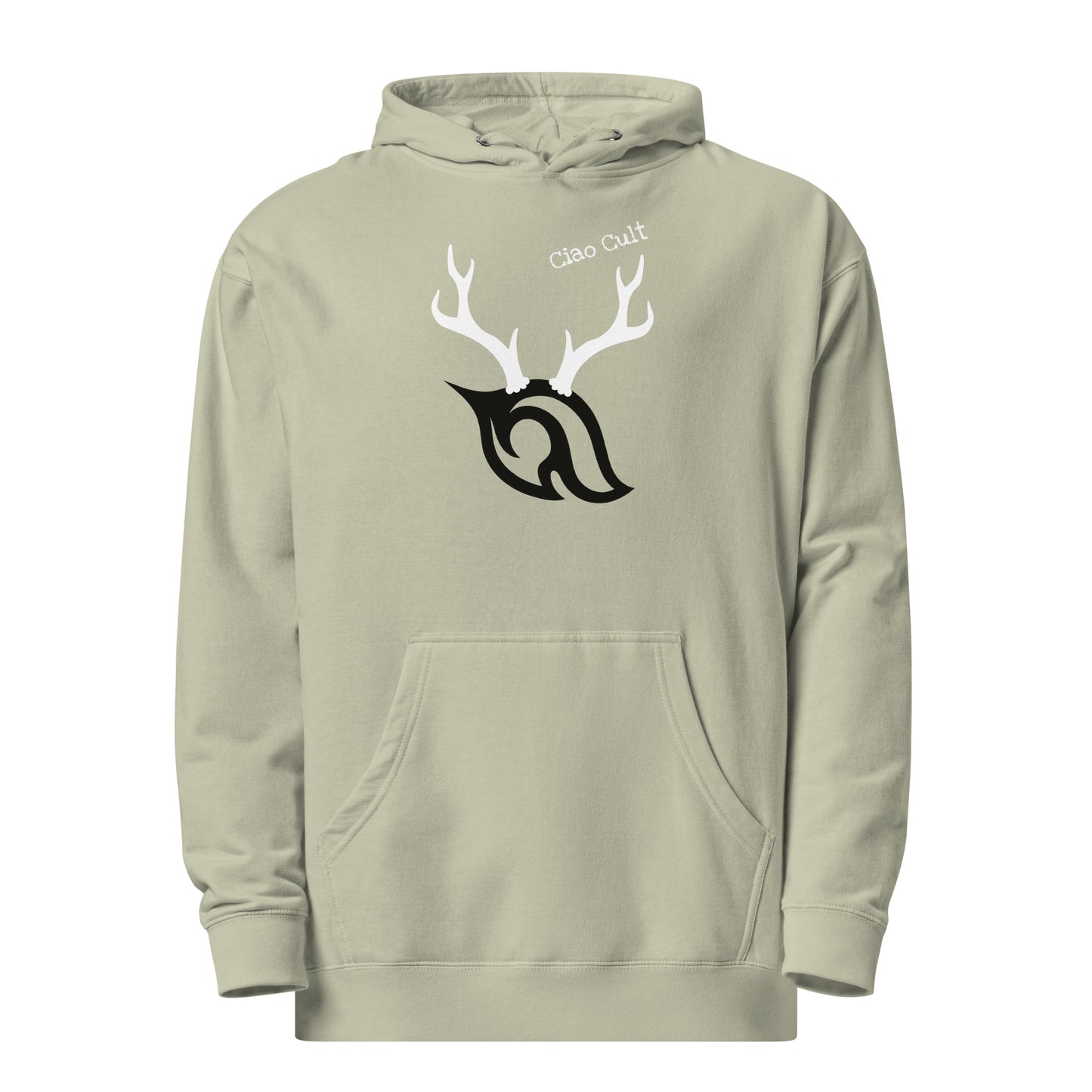 Product-only front view of Ciao Cult Antler Holiday Hoodie in dusty sage green showing Ciao Cult text and antler flame emblem.